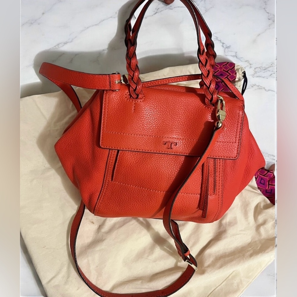 Tory Burch Orange Red Half Moon Leather Satchel Purse